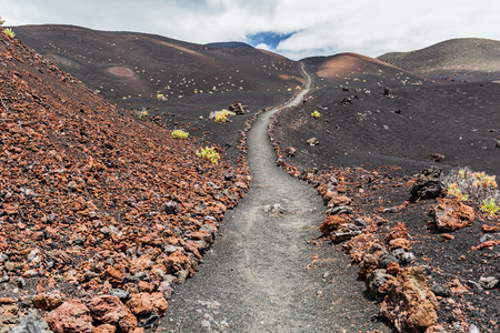 Hiking footpath in beautiful rocky volcanic mountains landscape, Canary Islands La Palma, Spainの写真素材