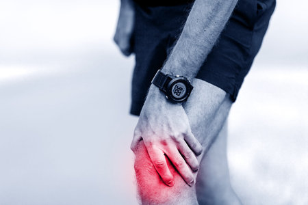 Knee pain, runner leg and muscle pain running and training outdoors, sport and jogging physical...