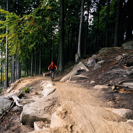 Mountain biker riding on bike in autumn inspirational mountains landscape. Man cycling MTB on enduro trail track. Sport fitness motivation and inspiration.の写真素材