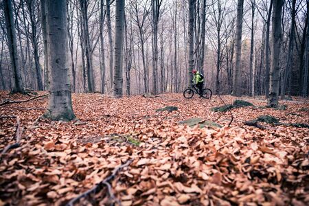 Mountain biker on cycle trail in woods. Mountains in winter or autumn landscape forest. Man cycling MTB on rural country road. Sport fitness motivation and inspiration.の写真素材
