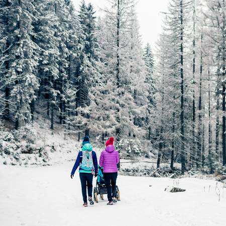 Two women with baby stroller enjoying motherhood in winter forest, mountains landscape. Mother hiking with a partner and a child in white snowy woods. Beautiful winter inspirational mountains.の写真素材