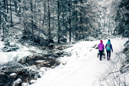 Mother with baby stroller enjoying motherhood in winter forest, mountains landscape. Jogging or power walking woman with sledge pram in woods. Beautiful winter snowy inspirational mountains.の写真素材