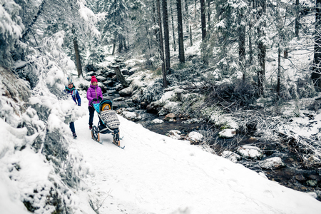 Mother with baby stroller enjoying winter forest with female friend or partner, family time. Hiking or power walking woman with sledge pram in woods. Beautiful winter snowy inspirational mountains.の写真素材