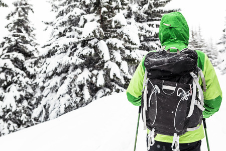 Winter trek in white snowy forest. Man hiking in winter woods. Travel and healthy lifestyle outdoors in beautiful nature.の写真素材