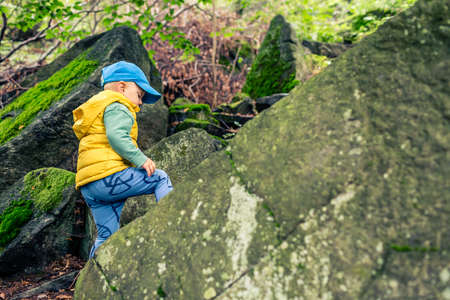 Little boy hiking and climbing in mountains, family adventure. Small child walking in rocky green forest.の写真素材