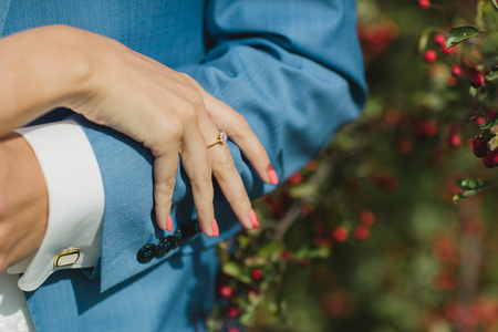 close-up of wheding ring on bride's fingerの写真素材