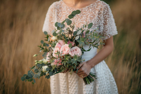 big wedding bouquet from roses in hand of the bride