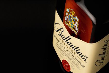 top view of scotch whiskey bottle on black backgroundのeditorial素材