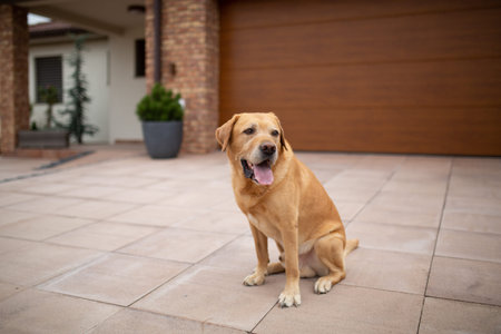 Labrador sitting in front of house and waiting.