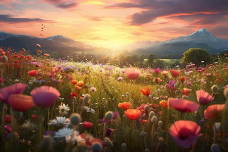 Meadow of Flowers at Sunset Generative AIの素材