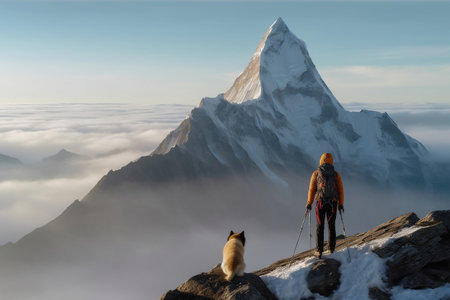 Summiting Mount Everest: Person and Dog Generative AIの素材