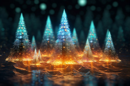 Illustration of Glowing Christmas Trees with Glitter Generative AIの素材
