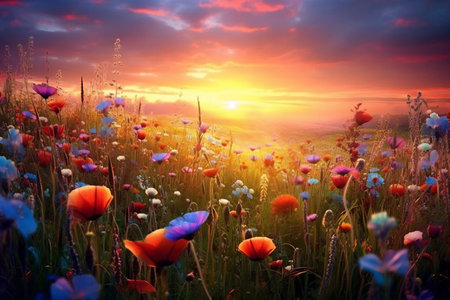 Meadow of Flowers at Sunset Generative AIの素材