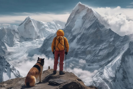 Summiting Mount Everest: Person and Dog Generative AIの素材