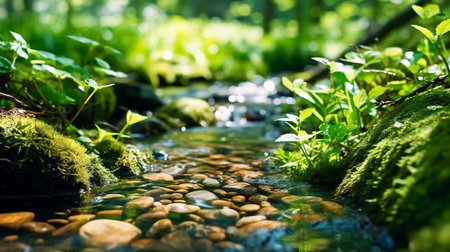 Freshwater Stream: Beautiful Spring Close-Up Generative AIの素材