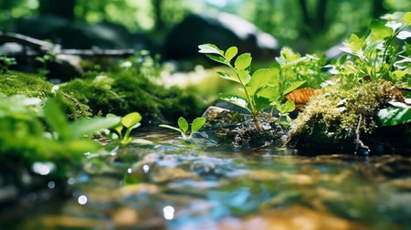 Freshwater Stream: Beautiful Spring Close-Up Generative AIの素材