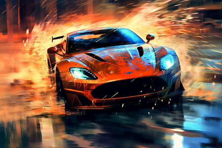 Stormy Digital Art: Sports Car Speeding, Splashing Generative AIの素材