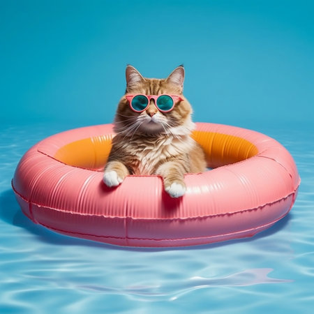 Cat in a Swimming Tube: Studio Photo on Solid Backgroundの素材