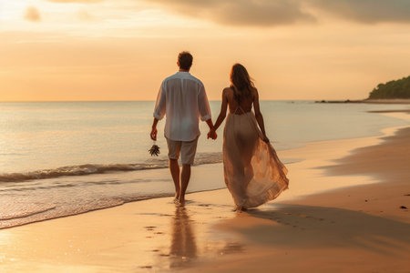 Love and Freedom Concept: Happy Couple Walking on the Beachの素材
