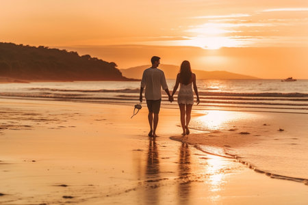 Love and Freedom Concept: Happy Couple Walking on the Beachの素材