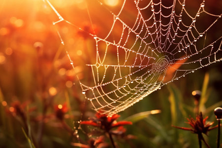 Spider Web with Dew Drops Morning Sunrays in Full Gloryの素材