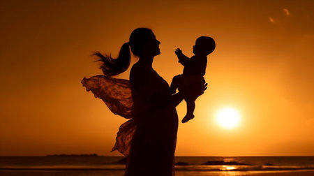Young Adult Woman Mother Holding Baby in the Air on the Beach - Joyful Family Momentの素材