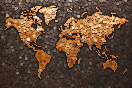 World Map Made of Currency Coins: Global Financial Illustrationの素材