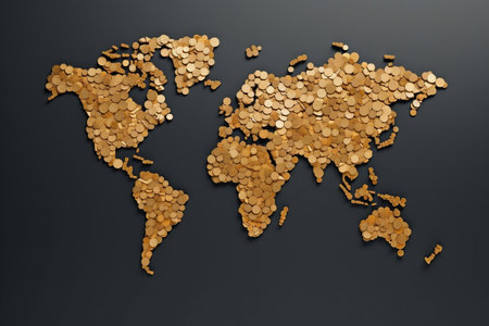 World Map Made of Currency Coins: Global Financial Illustrationの素材