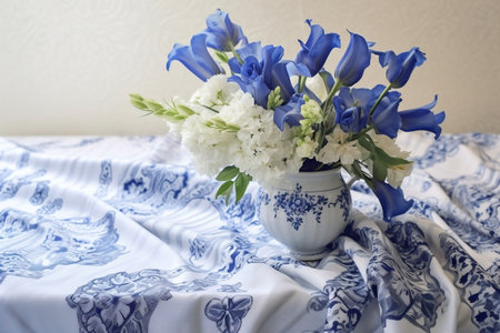 A Bouquet of Blue Flowers on a White Lace Tablecloth Generative AIの素材