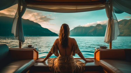 Luxury Boat Woman Relaxing with a View AIの素材