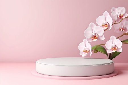 Elegant Orchid Flowers on 3D Background Pedestal Podium. Generative AIの素材