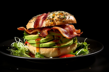 Delicious Bagel with Bacon, Avocado, and Green Salad. Generative AIの素材