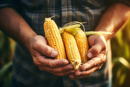 Hands of Farmer Holding Corn Close-up. Generative AIの素材