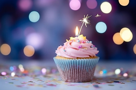Vibrant Birthday Cupcake: Candle, Colorful Cream, and Feast. Generative AIの素材