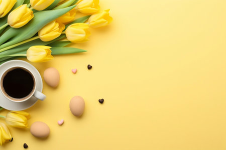 Vibrant Easter Celebration: Gorgeous Yellow Tulips and Colorful Eggs. Generative AIの素材