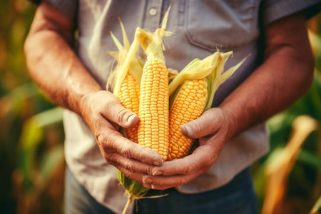 Hands of Farmer Holding Corn Close-up. Generative AIの素材