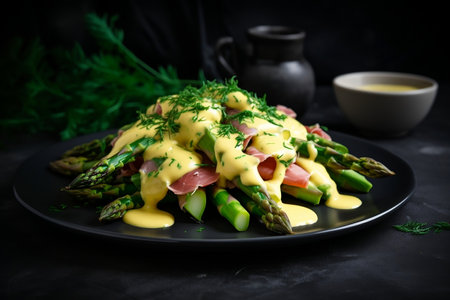 Scrumptious Asparagus Delight with Potatoes and Ham. Generative AIの素材