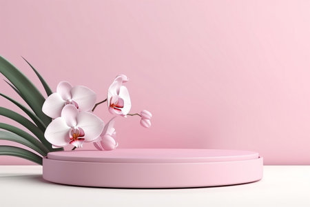 Elegant Orchid Flowers on 3D Background Pedestal Podium. Generative AIの素材