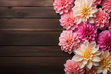Dahlia Flowers on Wooden Background. Floral Flat Lay. Generative AIの素材