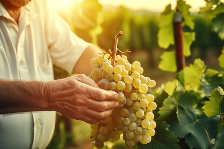 Harvesting White Grapes Close-Up of Farmer's Hands. Generative AIの素材
