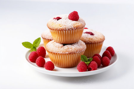 Delicious Raspberry Muffins with Fresh Raspberries on a White Background. Generative AIの素材