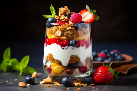 Delicious Yogurt Granola Parfait with Sliced Nuts and Fresh Fruits. Generative AIの素材