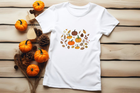 White Women's Cotton T-Shirt Mockup with Pumpkins. Generative AIの素材