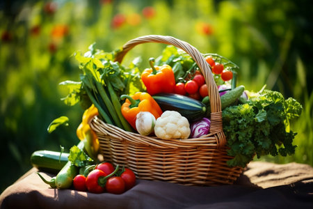 Fresh Organic Vegetable Wicker Basket. Generative AIの素材