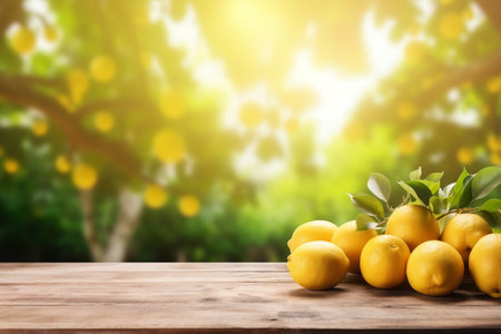 Rustic Wooden Table with Fresh Lemons and Empty Space on Natural Background. Generative AIの素材