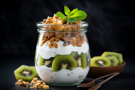 Delicious Yogurt Granola Parfait with Sliced Nuts and Fresh Kiwi. Generative AIの素材