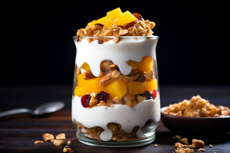 Delicious Yogurt Granola Parfait with Sliced Nuts and Fresh Mango. Generative AIの素材