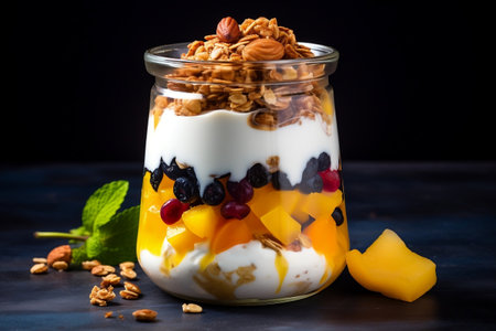 Delicious Yogurt Granola Parfait with Sliced Nuts and Fresh Mango. Generative AIの素材