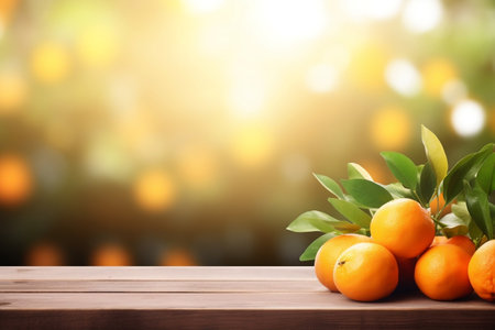 Rustic Wooden Table with Fresh Oranges and Empty Space on Natural Background. Generative AIの素材