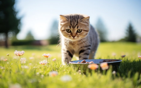 Cat eating food from bowl on the ground.の素材